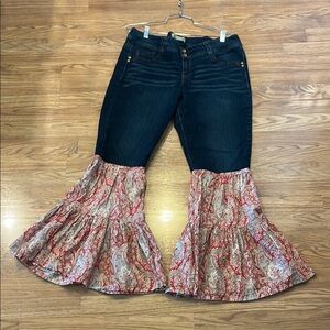 Upcycled Flare Jeans with Red Paisley Size 16